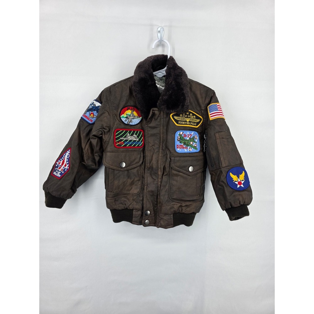 Business Innovations WWII Style Bomber Jacket Kids Small 2/4 Brown Top Gun Patch